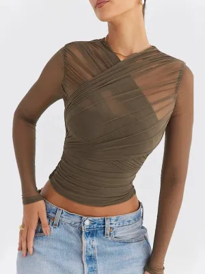 A&A Sheer Mesh V Neck Long Sleeve Top