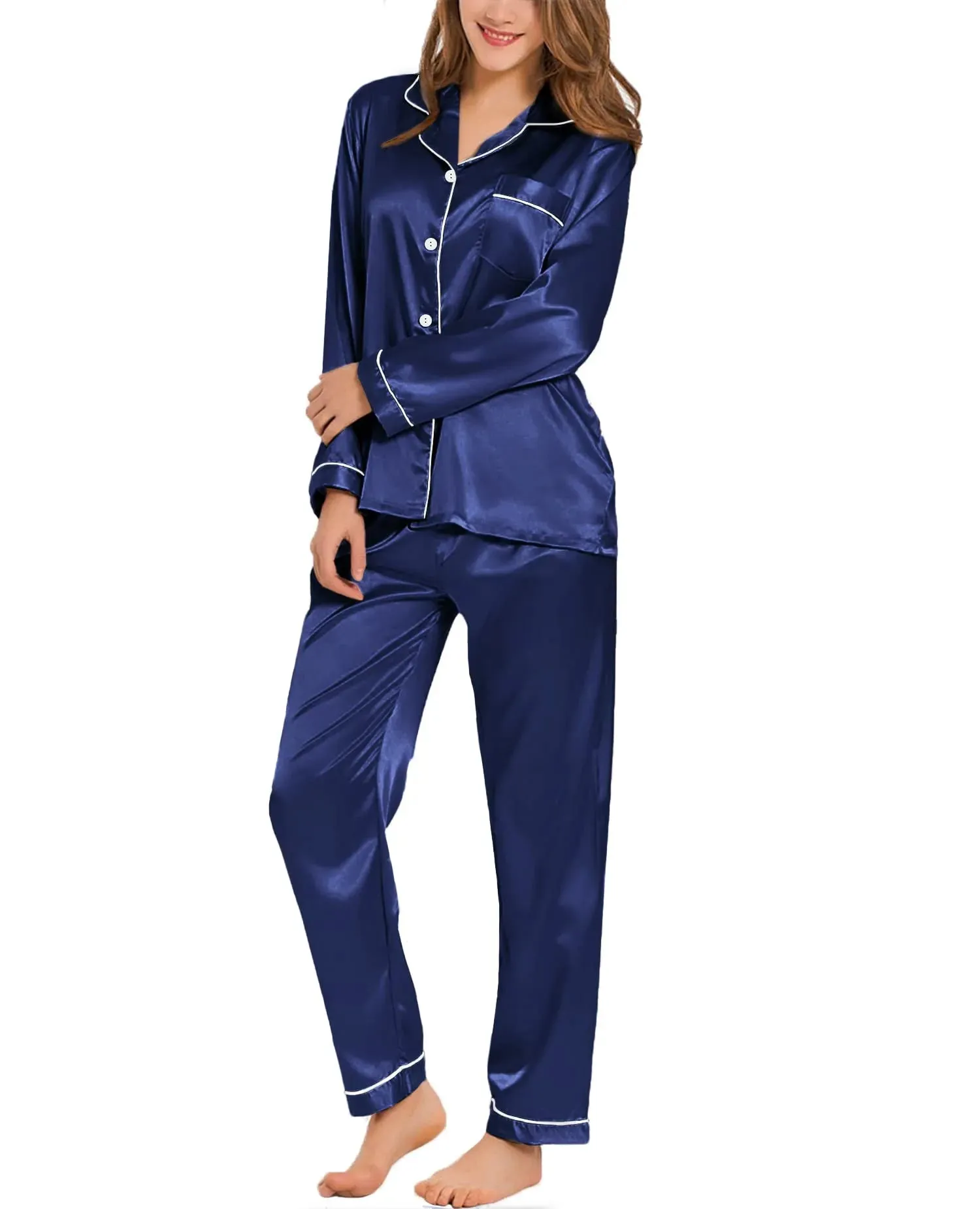 A&A Silk Satin Pajamas Loungewear Two-piece Sleepwear Set