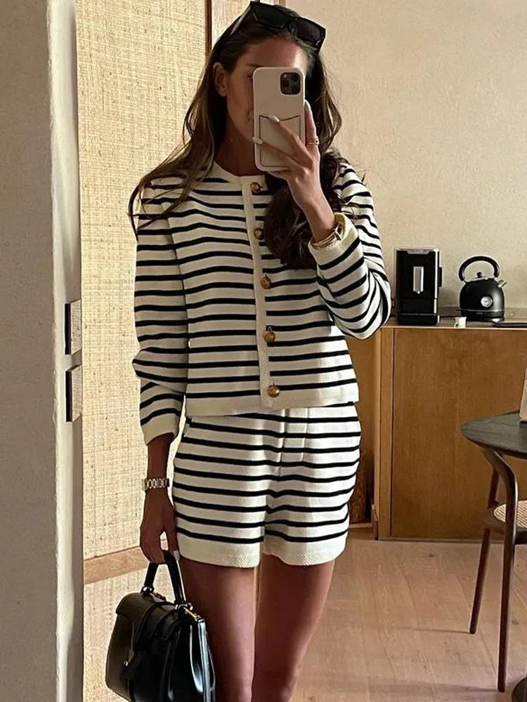 A&A Striped Knit Cardigan & Shorts Two Piece Set