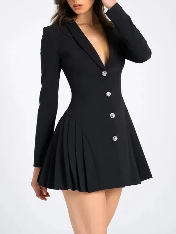 A&A V Neck Single-Breasted A-Line Blazer Dress