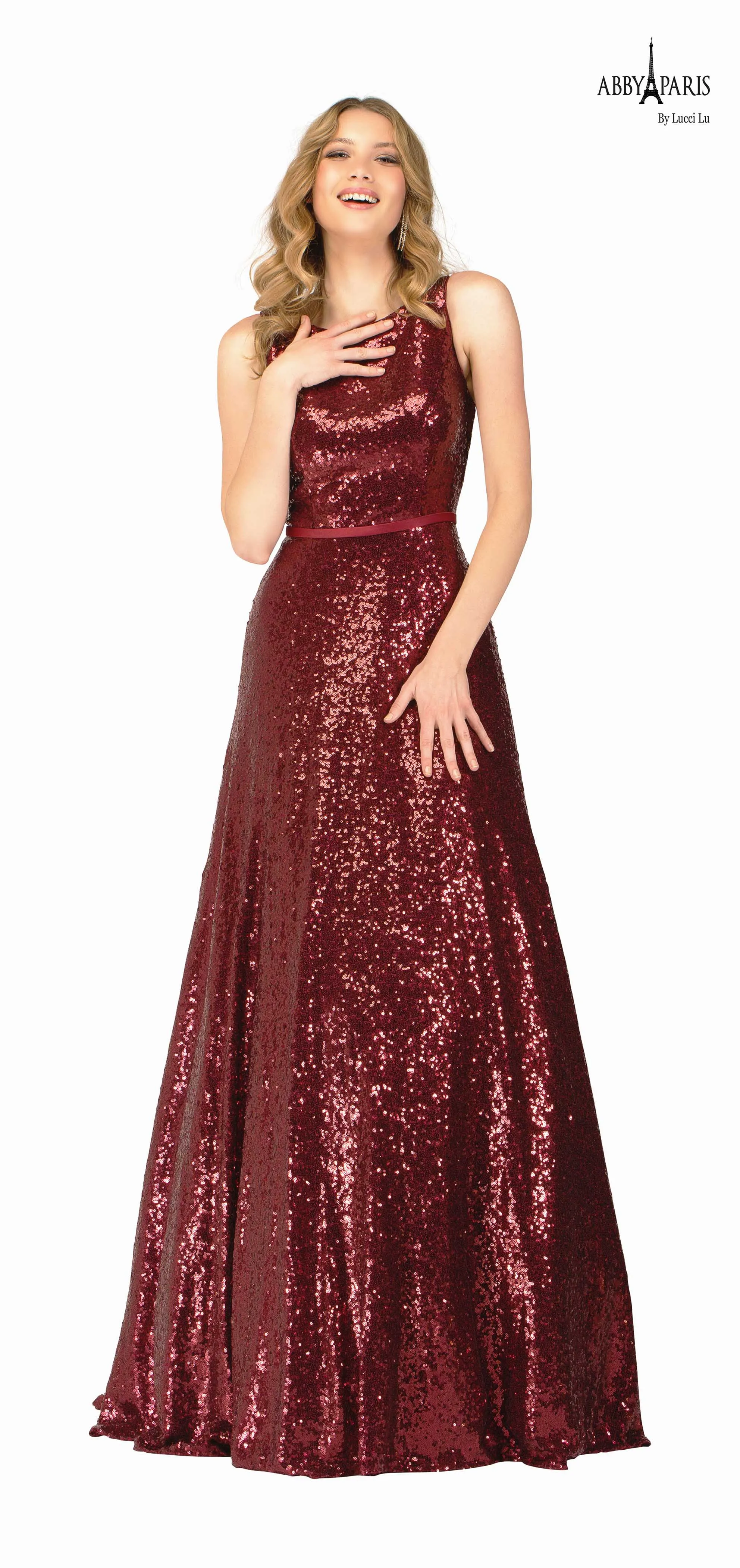 Abby Paris by Lucci Lu 981023 Burgundy Sequin Modest A-Line Dress