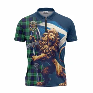 Abercrombie Tartan Family Crest Zipper Polo Shirt with Scottish Majestic Lion