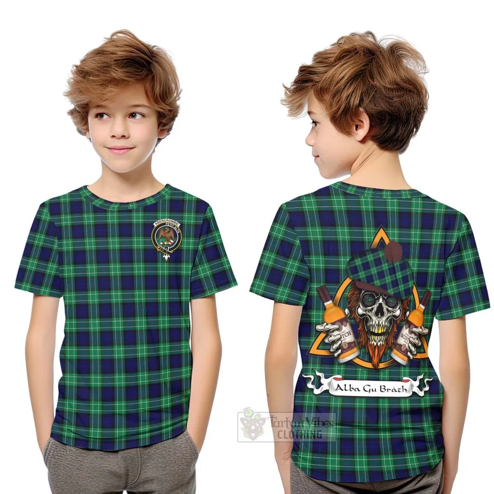 Abercrombie Tartan Kid T-Shirt with Family Crest and Bearded Skull Holding Bottles of Whiskey