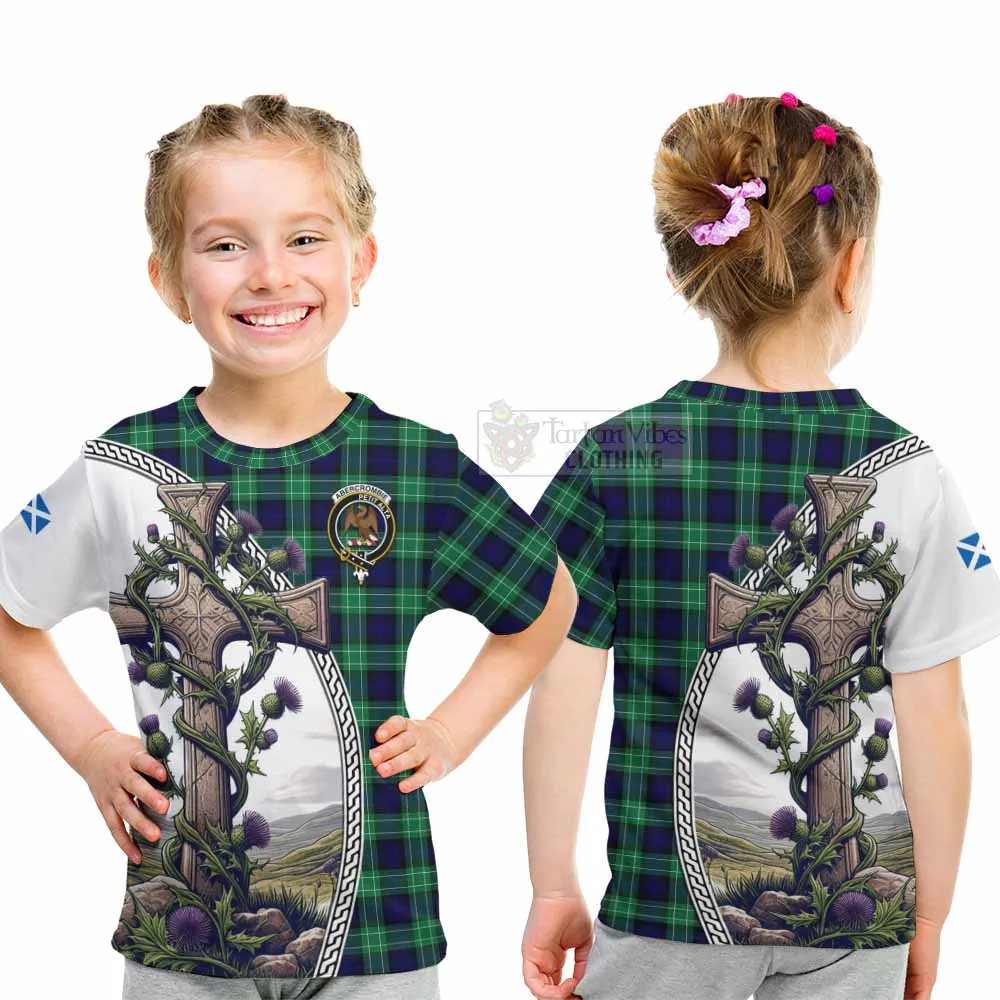 Abercrombie Tartan Kid T-Shirt with Family Crest and St. Andrew's Cross Accented by Thistle Vines