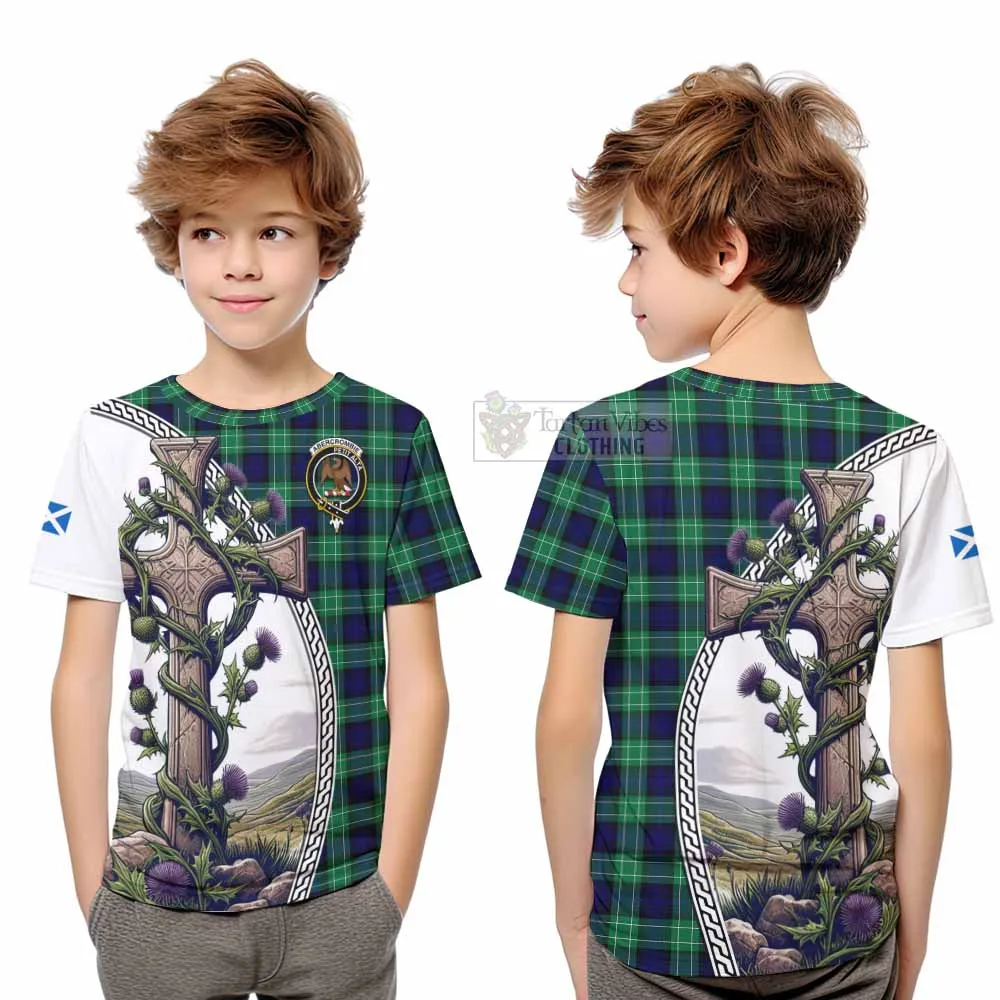 Abercrombie Tartan Kid T-Shirt with Family Crest and St. Andrew's Cross Accented by Thistle Vines