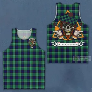 Abercrombie Tartan Men's Tank Top with Family Crest and Bearded Skull Holding Bottles of Whiskey