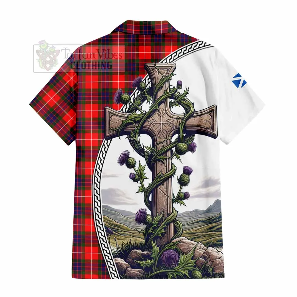 Abernethy Tartan Short Sleeve Button Shirt with Family Crest and St. Andrew's Cross Accented by Thistle Vines