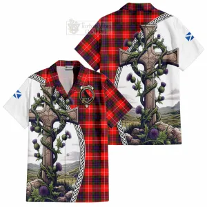 Abernethy Tartan Short Sleeve Button Shirt with Family Crest and St. Andrew's Cross Accented by Thistle Vines