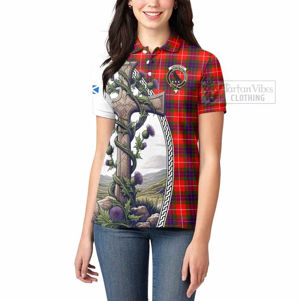 Abernethy Tartan Women's Polo Shirt with Family Crest and St. Andrew's Cross Accented by Thistle Vines