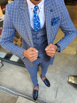 Abeston Navy Blue Slim Fit Plaid Check Suit