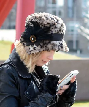 Abigail Style Hat - Luxury Faux Fur in Carpathian Lynx with Black Faux Suede (One Gold/Black Shell Button Left!)