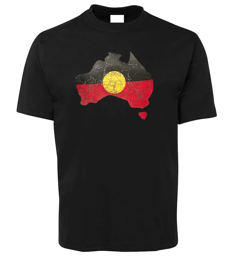 Aboriginal Flag Australia Map Distressed Look Adults T-Shirt (Colour Choices)