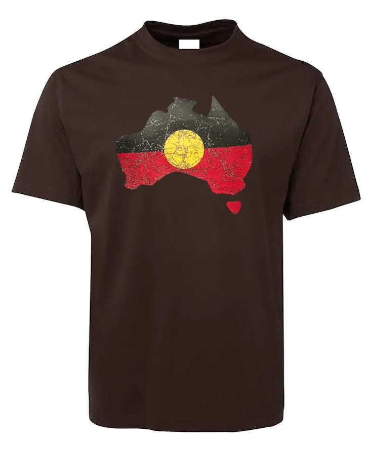 Aboriginal Flag Australia Map Distressed Look Adults T-Shirt (Colour Choices)