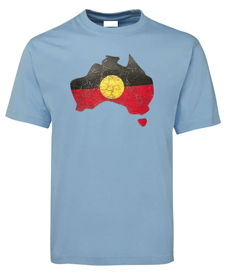 Aboriginal Flag Australia Map Distressed Look Adults T-Shirt (Colour Choices)