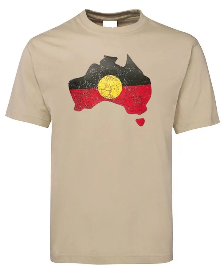 Aboriginal Flag Australia Map Distressed Look Adults T-Shirt (Colour Choices)