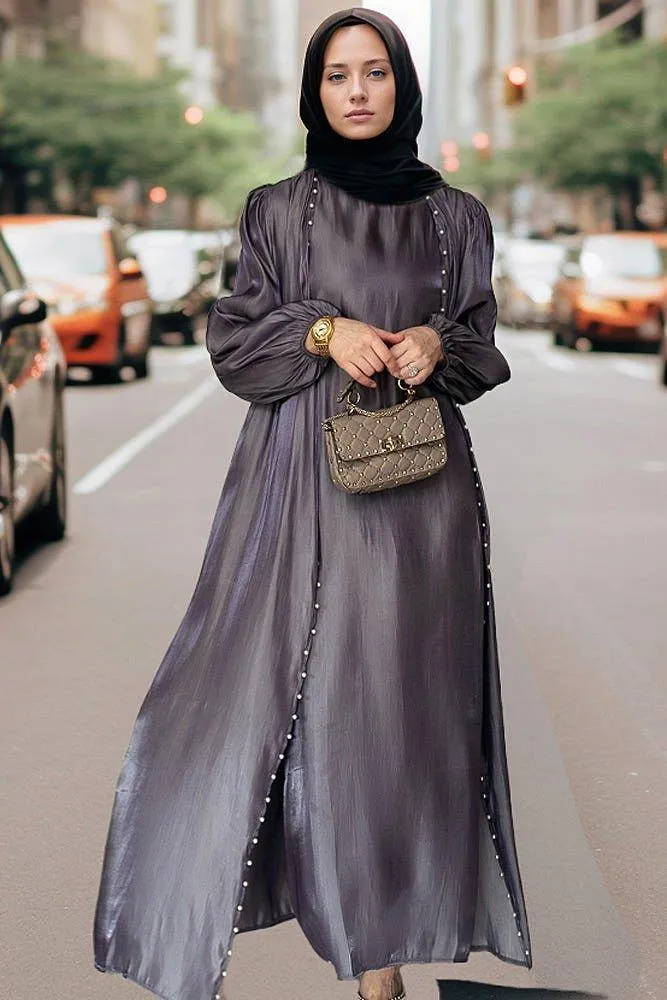 Abril Faux Pearl Abaya - Organza-Like Slip Dress & Detachable Belt Set for Ramadan & Eid