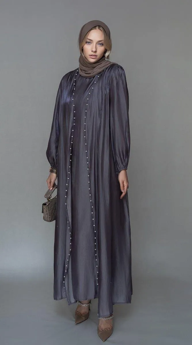 Abril Faux Pearl Abaya - Organza-Like Slip Dress & Detachable Belt Set for Ramadan & Eid