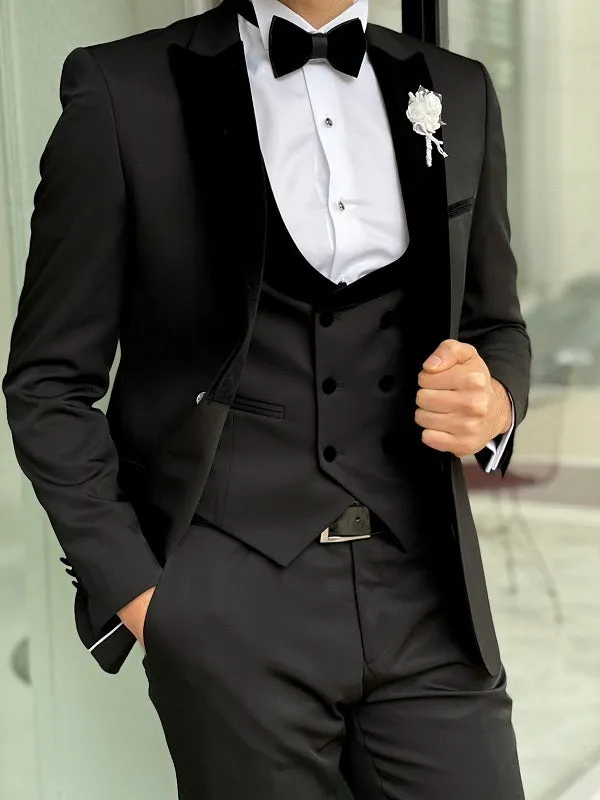 Abruzzo Black Slim Fit Velvet Peak Lapel Wool Tuxedo