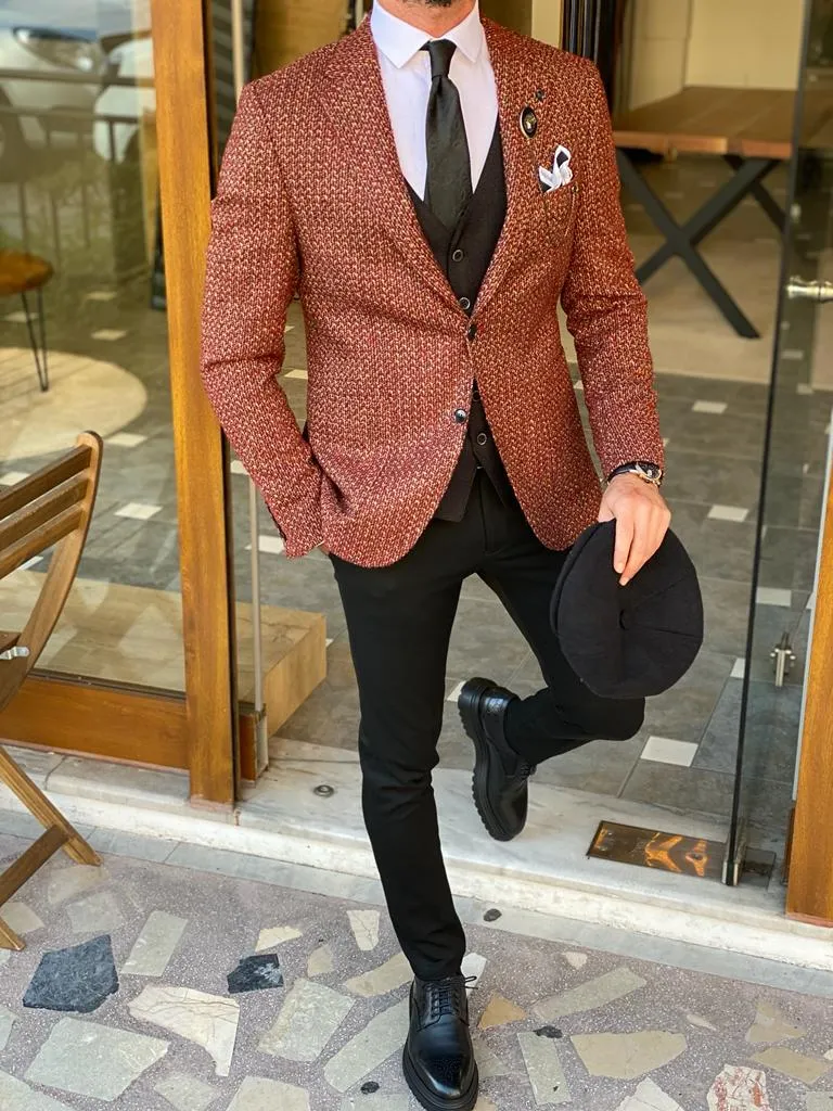 Abruzzo Brown Slim Fit Patterned Wool Suit