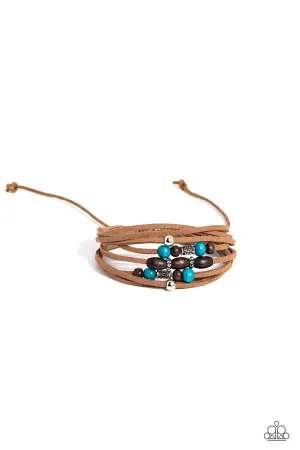 Absolutely WANDER-ful - Blue - Wooden and Silver Bead Brown Suede Paparazzi Pull-Cord Bracelet