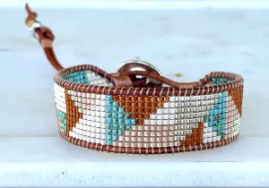 Abstract Earthy Tan Turquoise and Silver Geometric Bead Loom Woven Bracelet