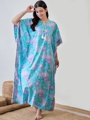 Abstract Floral Bright Blue Pom Pom Cotton Night wear Kaftan