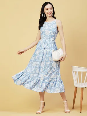 Abstract Floral Printed A-Line Fit & Flare Midi Dress with Belt - Blue