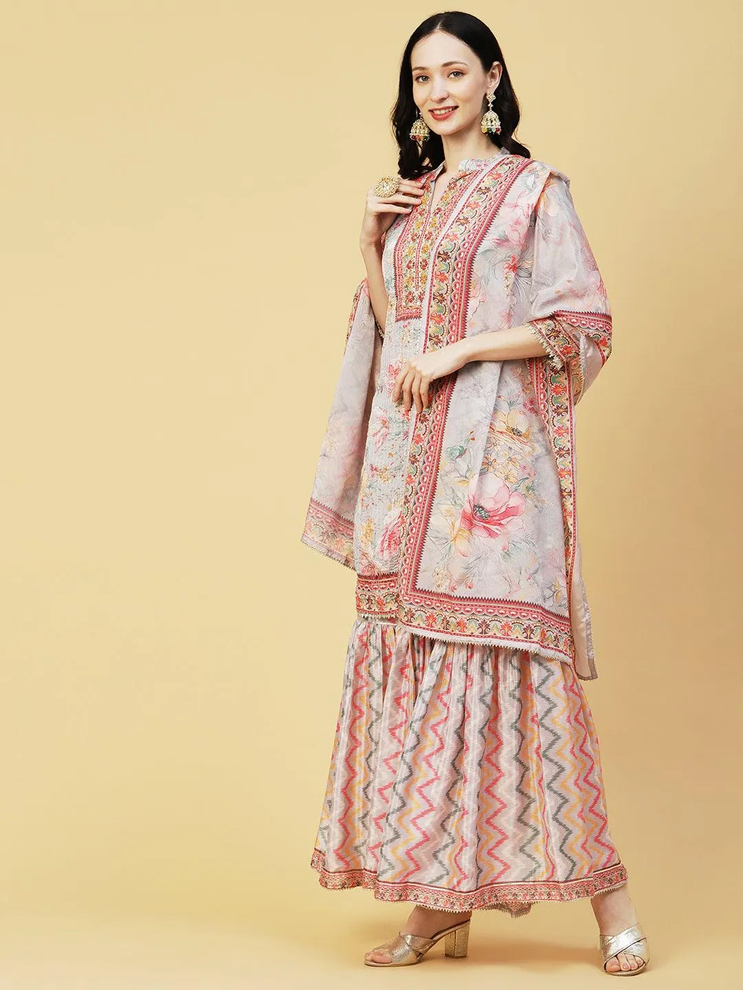 Abstract Floral Printed & Embroidered Straight Kurta with Sharara & Dupatta - Grey