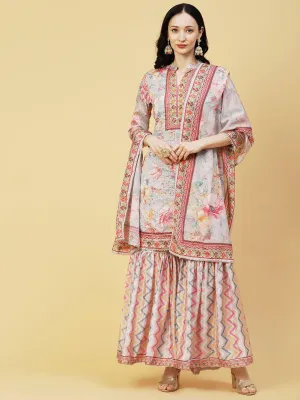 Abstract Floral Printed & Embroidered Straight Kurta with Sharara & Dupatta - Grey