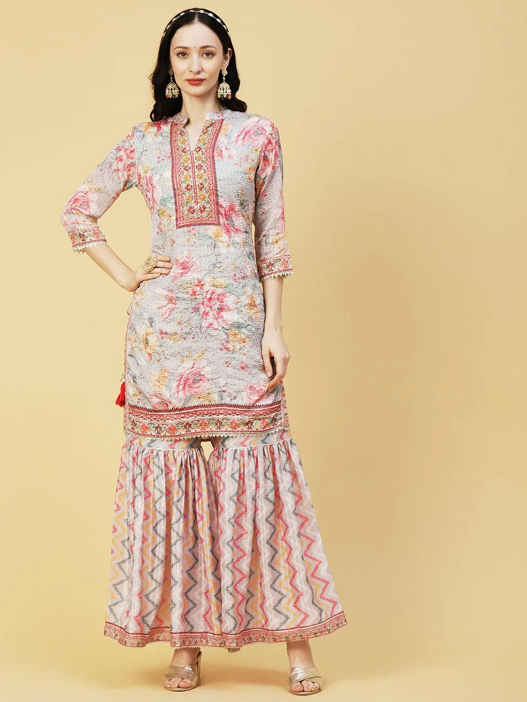 Abstract Floral Printed & Embroidered Straight Kurta with Sharara & Dupatta - Grey