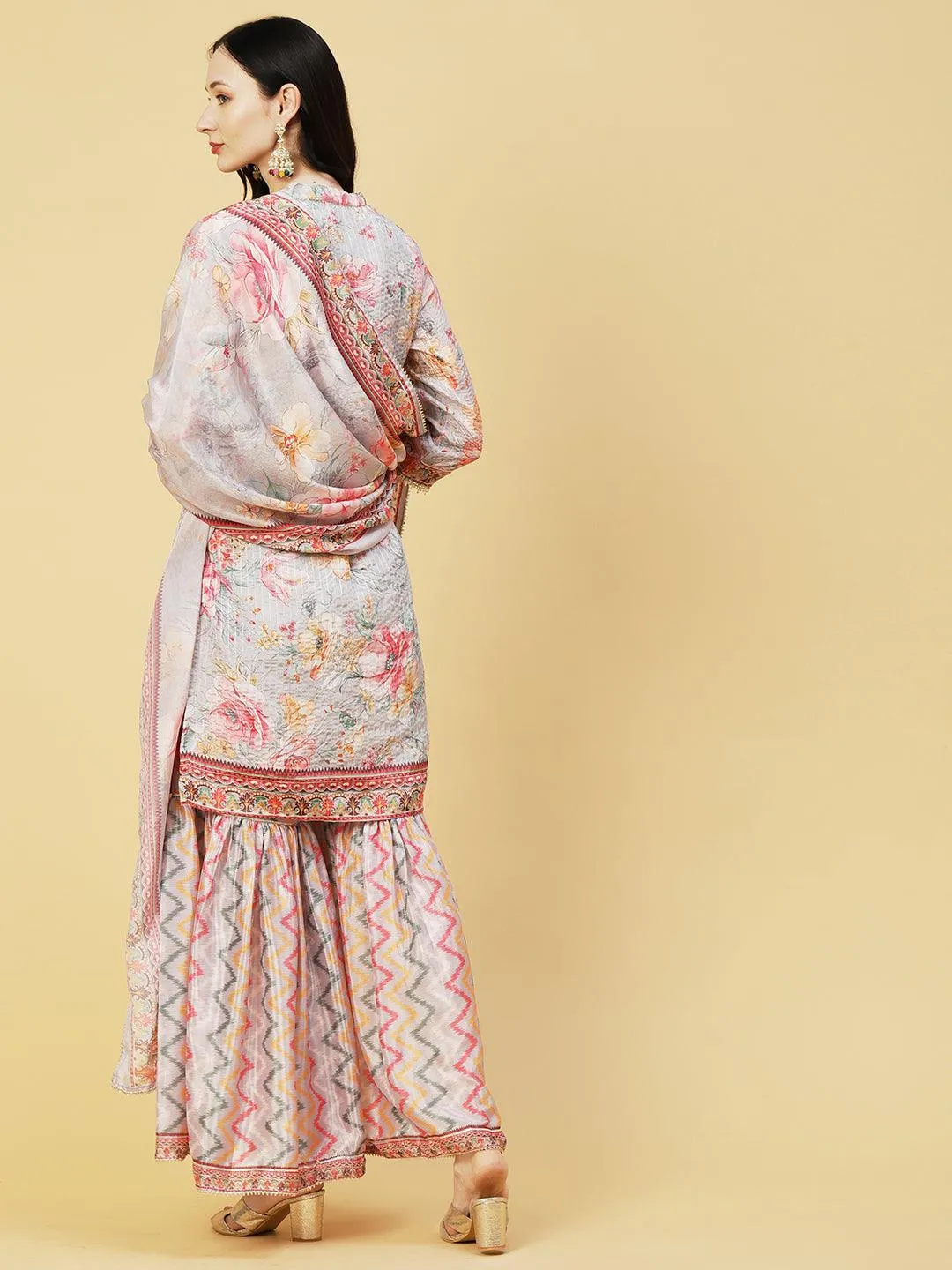 Abstract Floral Printed & Embroidered Straight Kurta with Sharara & Dupatta - Grey