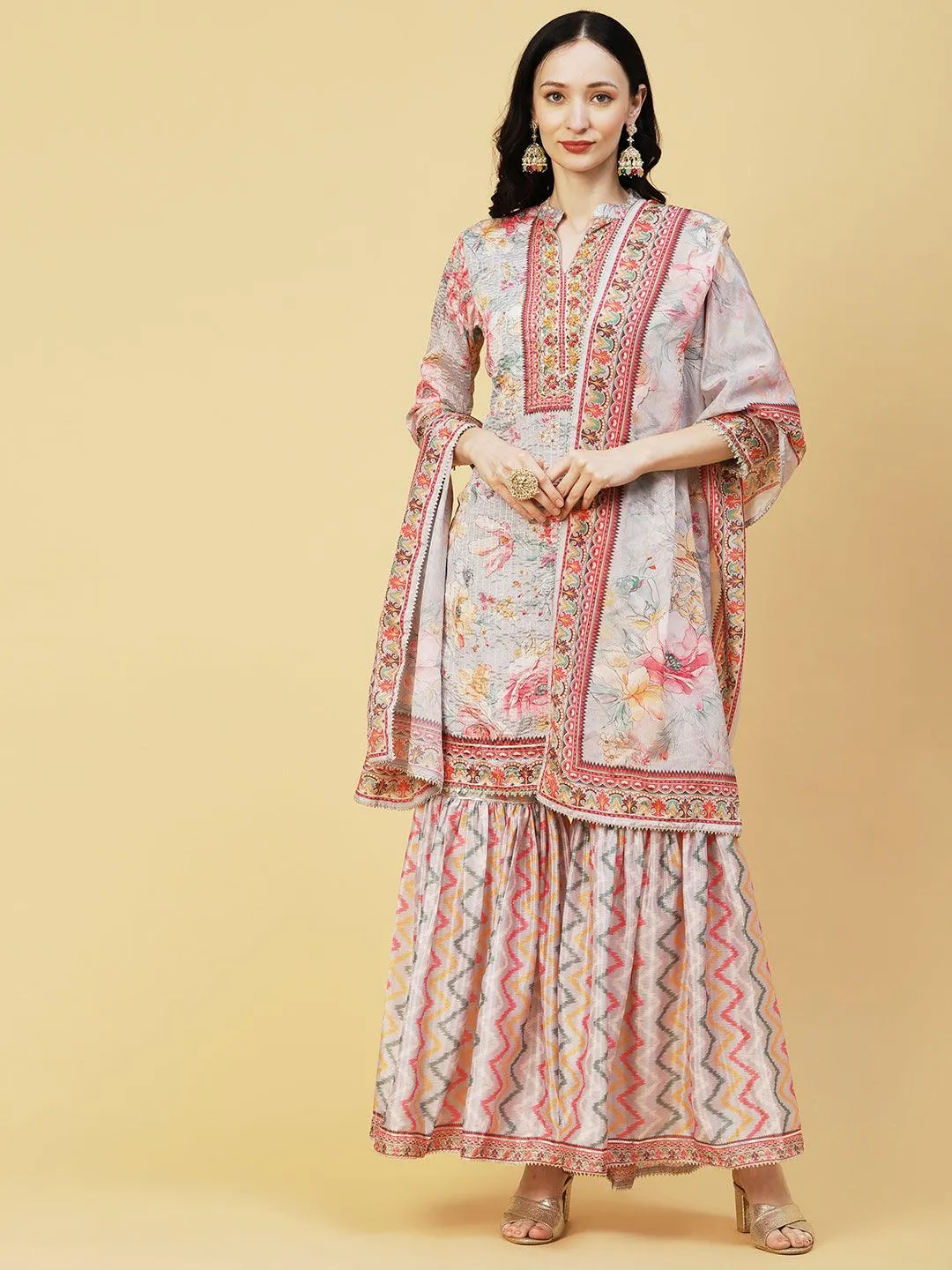 Abstract Floral Printed & Embroidered Straight Kurta with Sharara & Dupatta - Grey