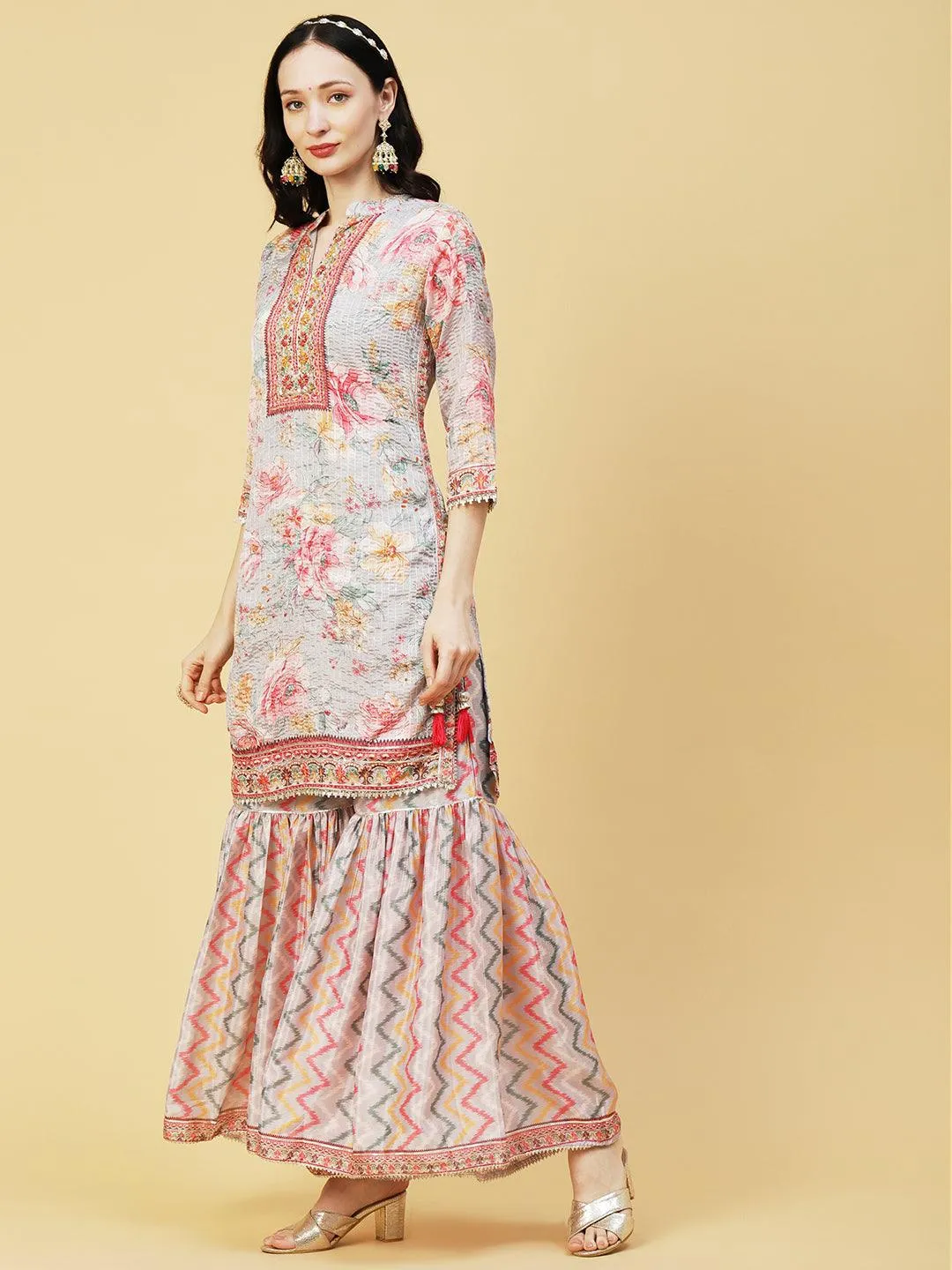 Abstract Floral Printed & Embroidered Straight Kurta with Sharara & Dupatta - Grey