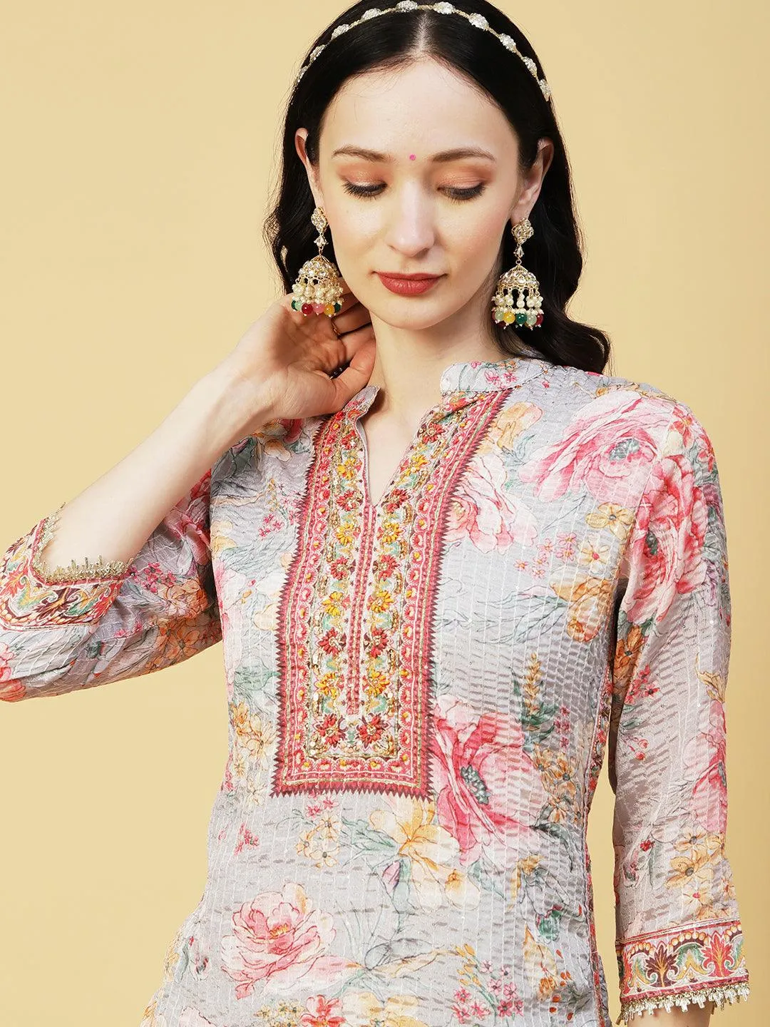 Abstract Floral Printed & Embroidered Straight Kurta with Sharara & Dupatta - Grey