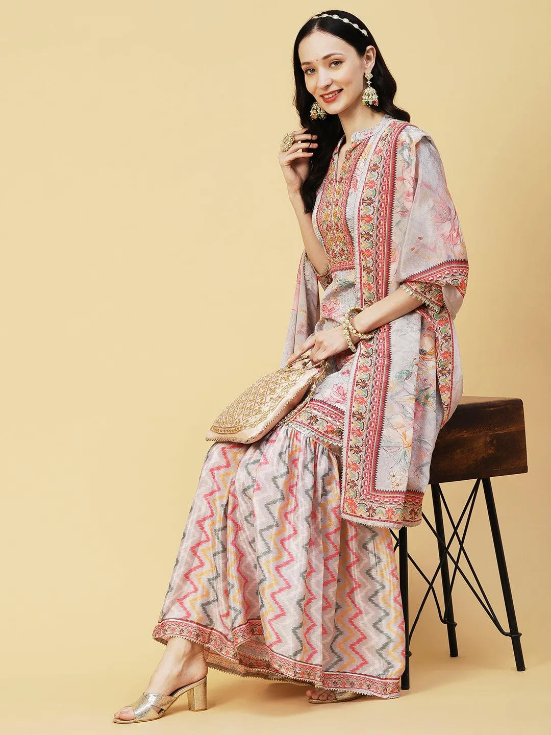 Abstract Floral Printed & Embroidered Straight Kurta with Sharara & Dupatta - Grey