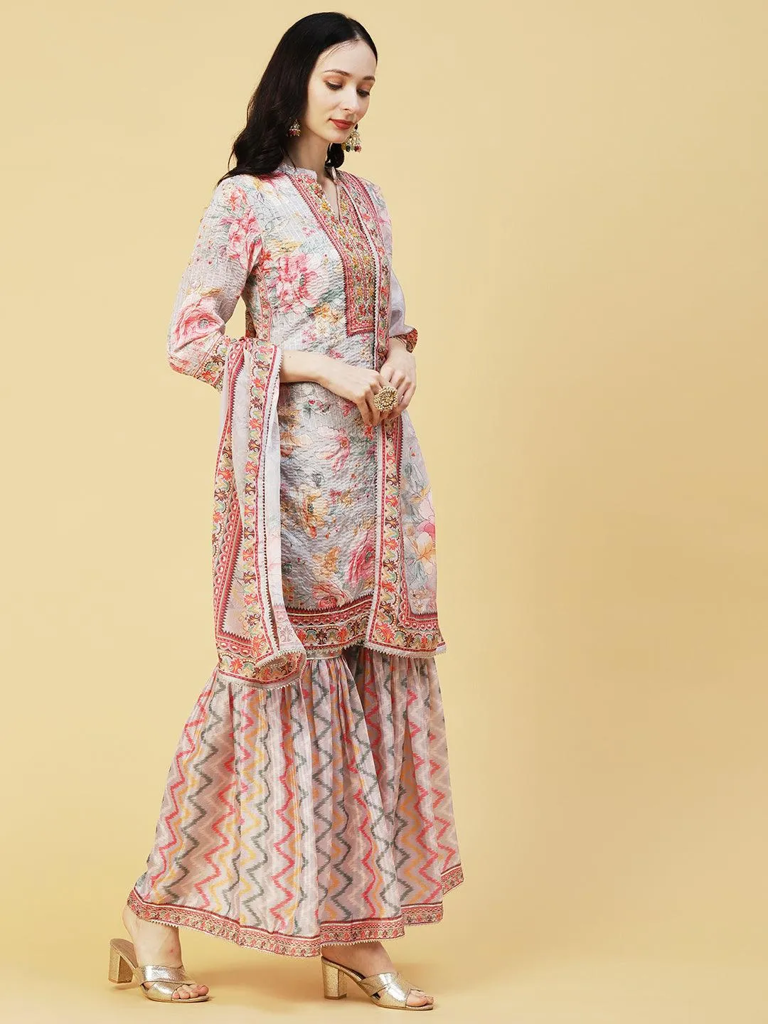 Abstract Floral Printed & Embroidered Straight Kurta with Sharara & Dupatta - Grey