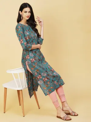 Abstract Floral Printed Buttoned Kurta - Green