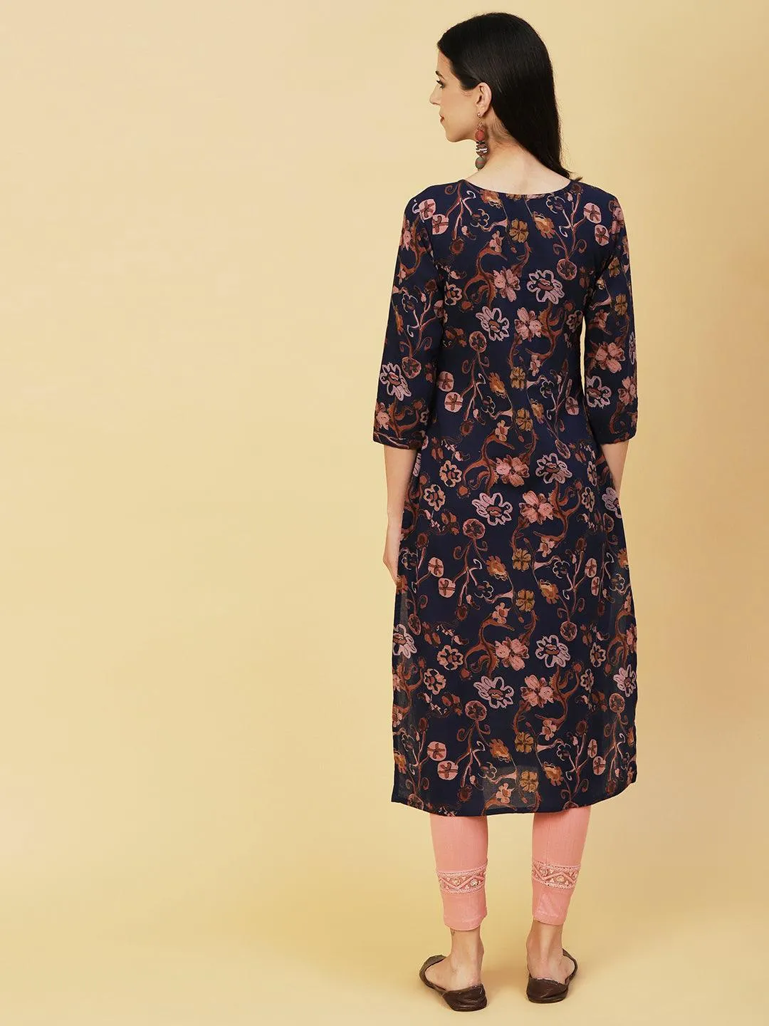 Abstract Floral Printed Buttoned Kurta - Navy Blue