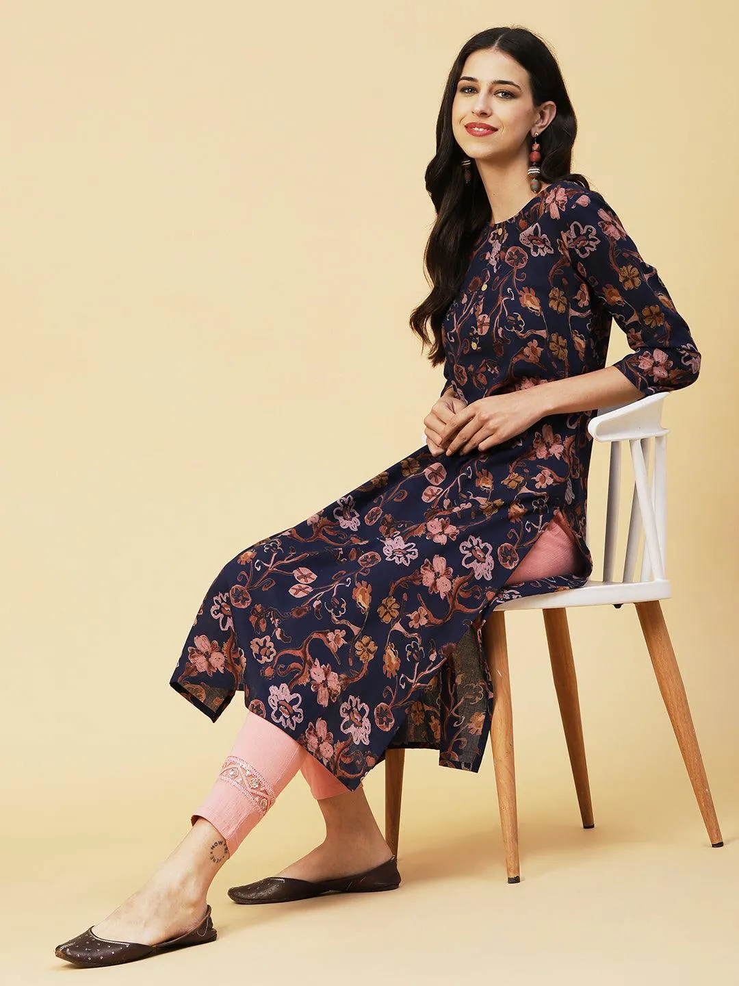 Abstract Floral Printed Buttoned Kurta - Navy Blue