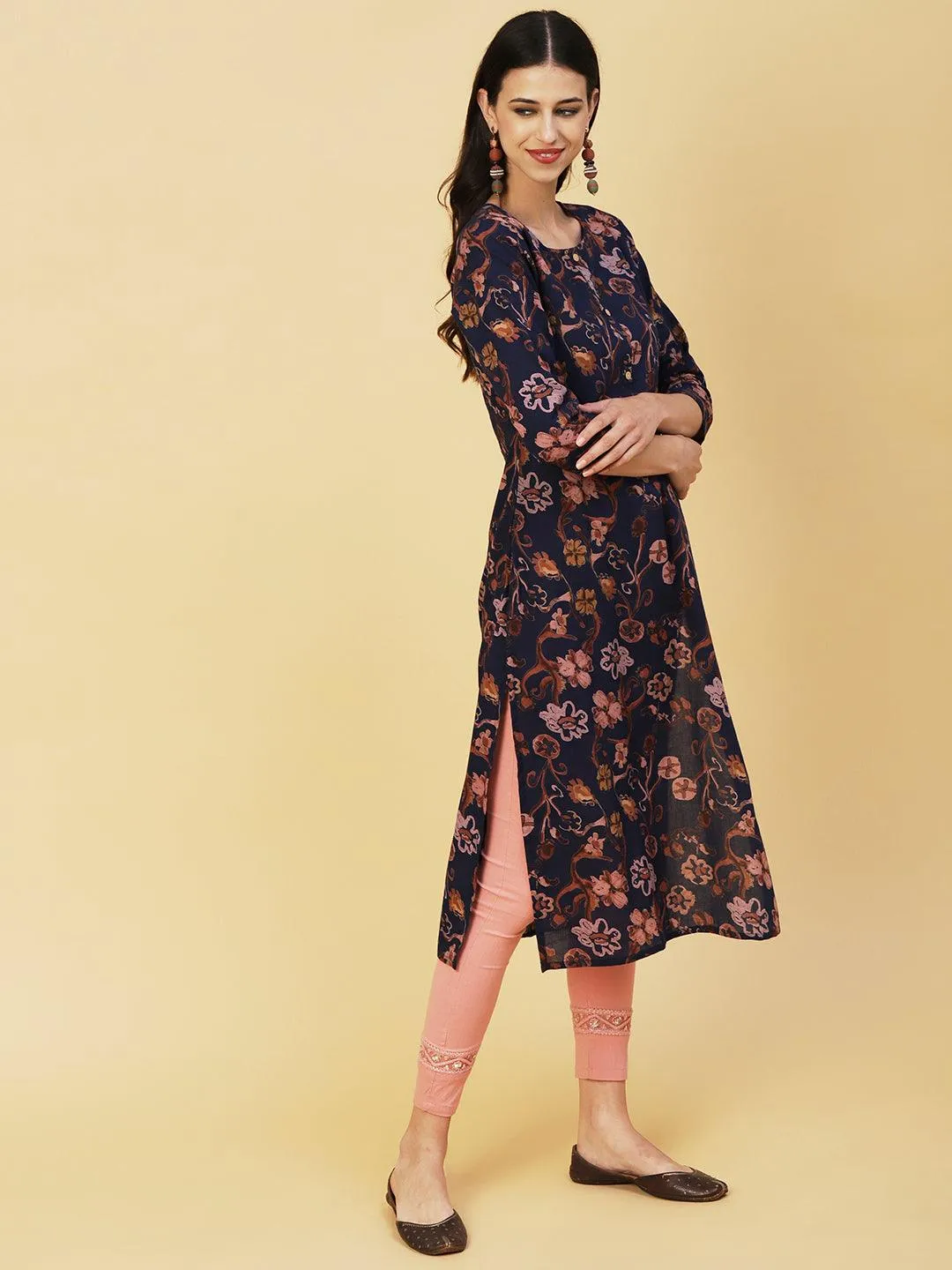 Abstract Floral Printed Buttoned Kurta - Navy Blue