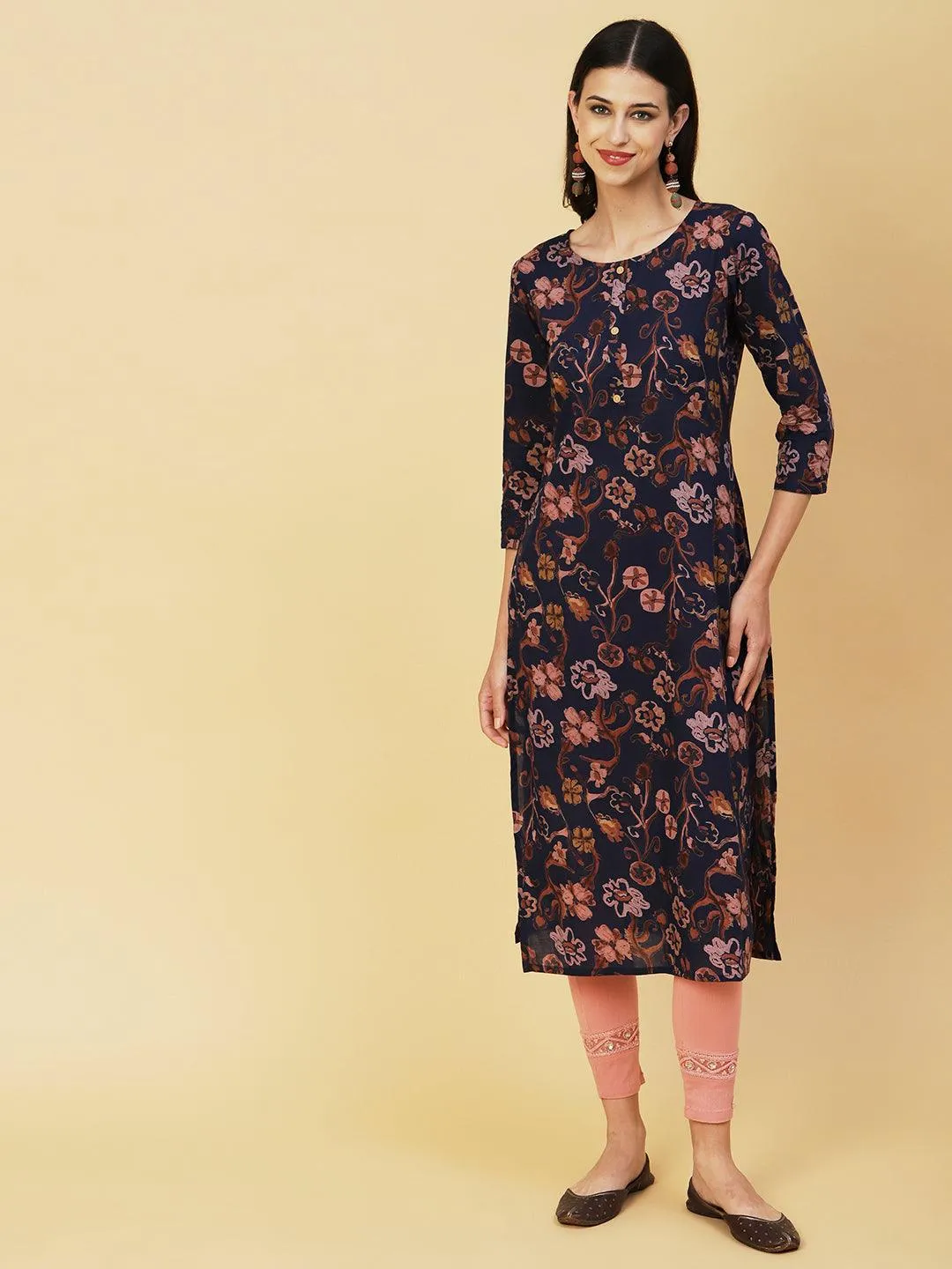 Abstract Floral Printed Buttoned Kurta - Navy Blue