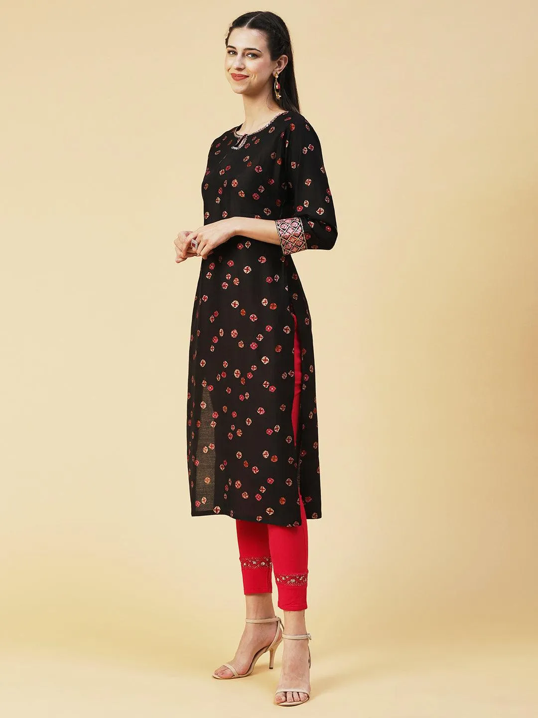 Abstract Floral Printed Embroidered Kurta With Printed Dupatta - Black