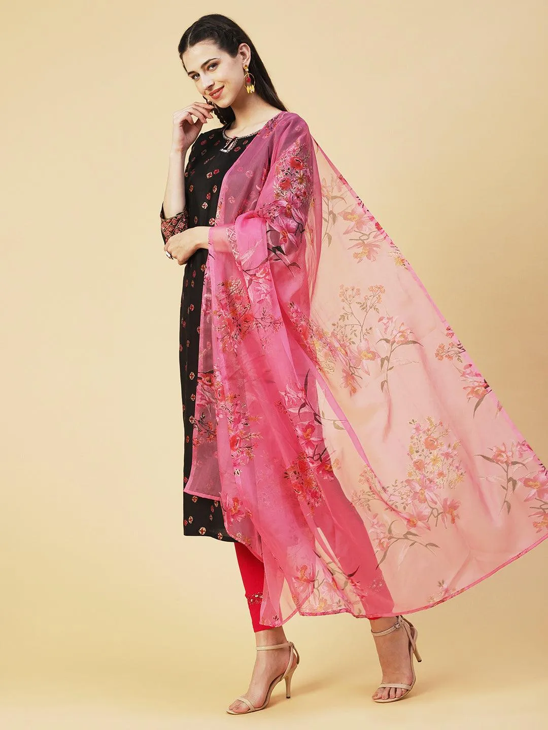 Abstract Floral Printed Embroidered Kurta With Printed Dupatta - Black