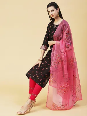 Abstract Floral Printed Embroidered Kurta With Printed Dupatta - Black