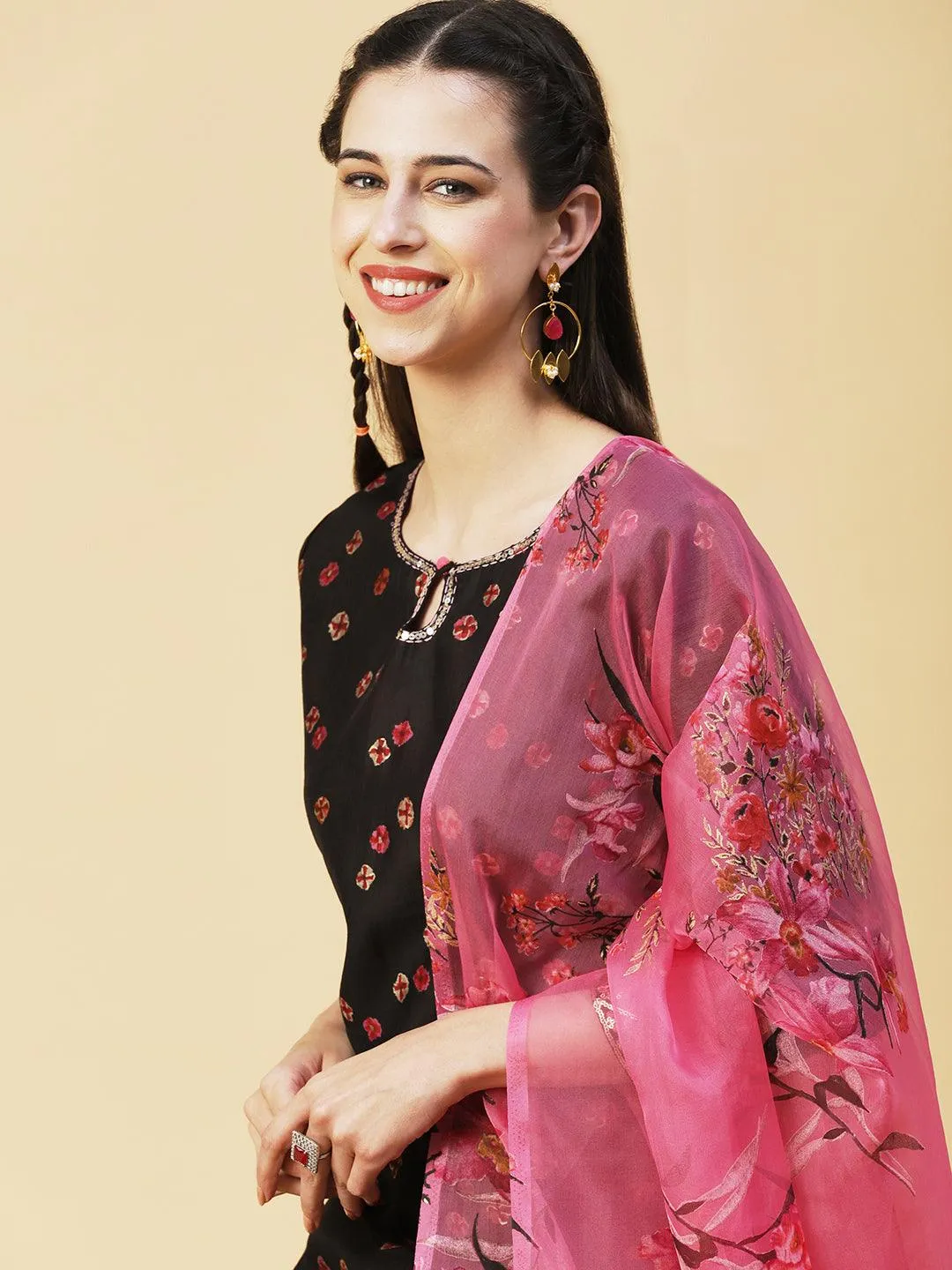 Abstract Floral Printed Embroidered Kurta With Printed Dupatta - Black