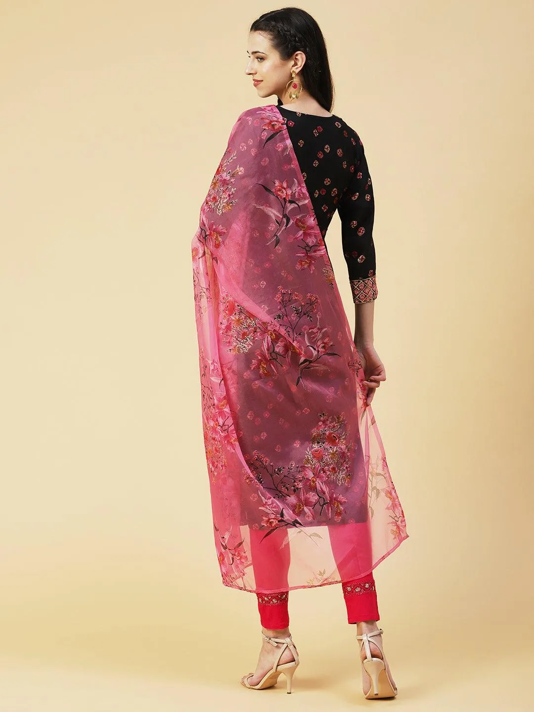 Abstract Floral Printed Embroidered Kurta With Printed Dupatta - Black