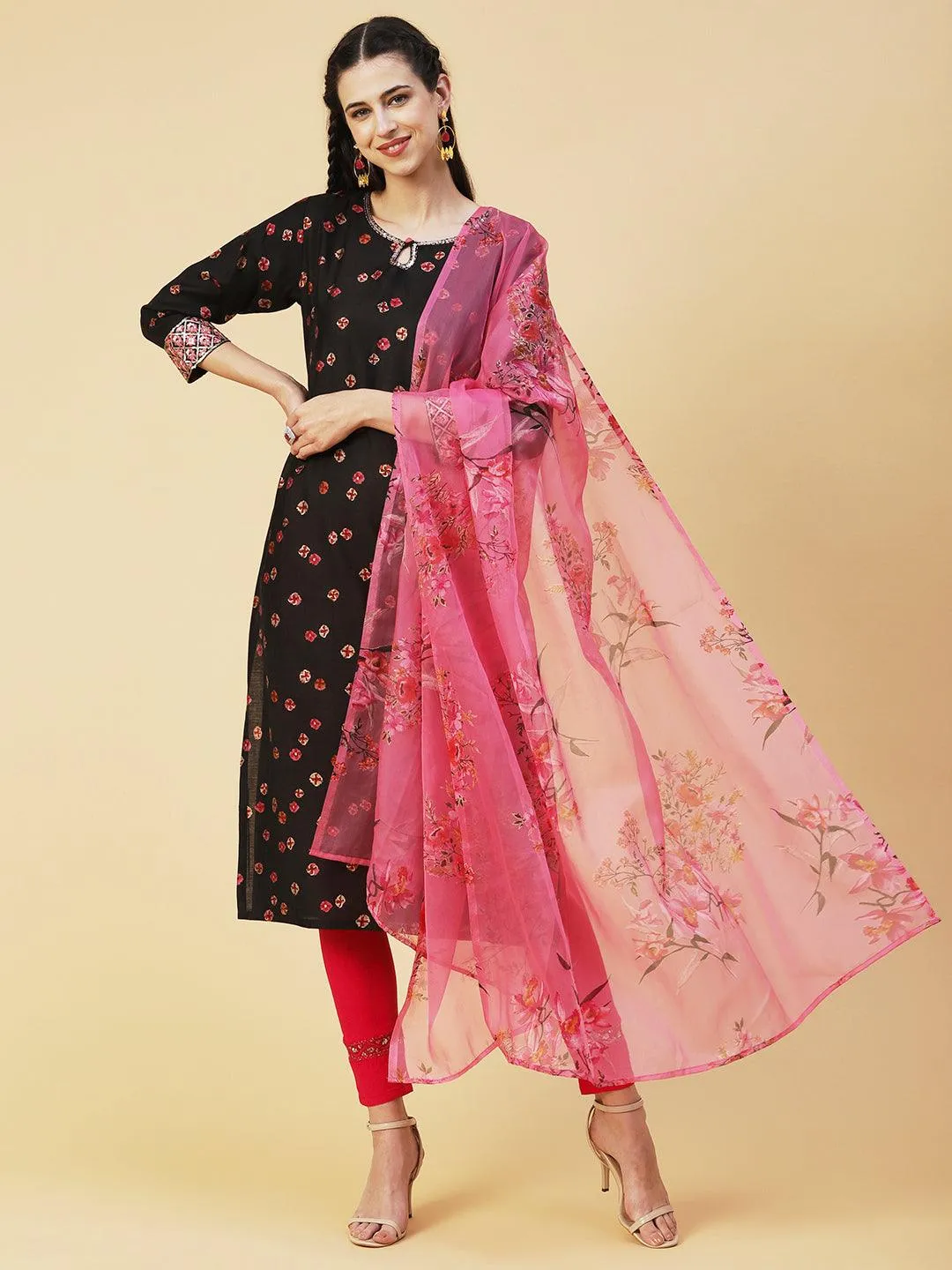 Abstract Floral Printed Embroidered Kurta With Printed Dupatta - Black