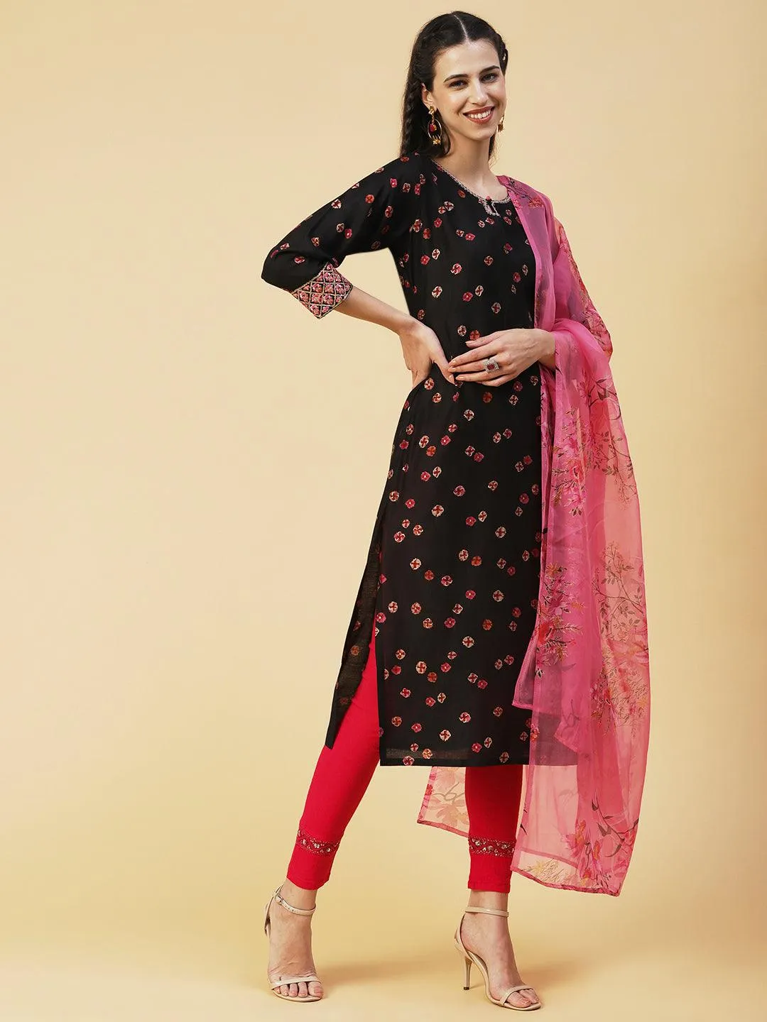 Abstract Floral Printed Embroidered Kurta With Printed Dupatta - Black