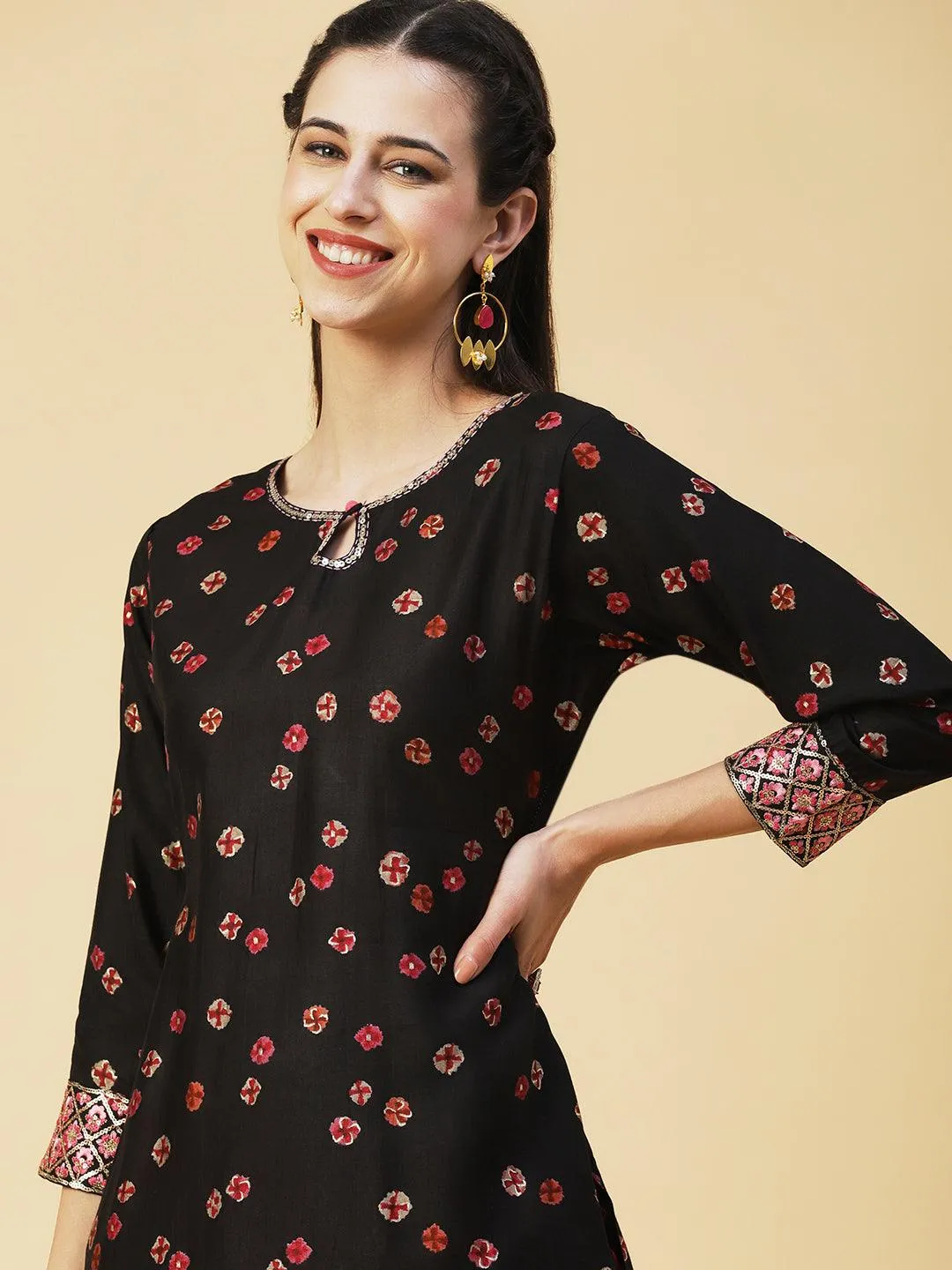 Abstract Floral Printed Embroidered Kurta With Printed Dupatta - Black