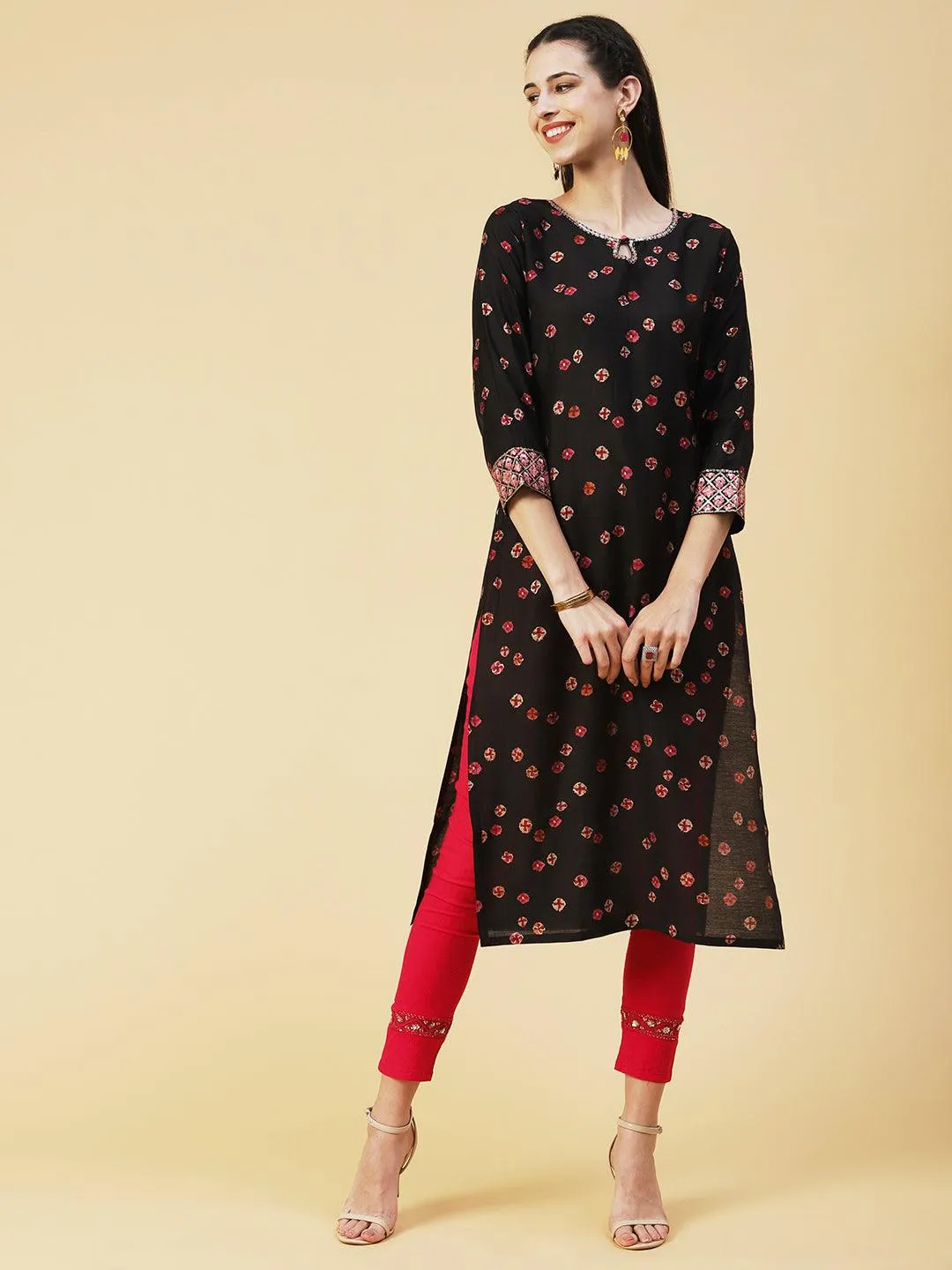 Abstract Floral Printed Embroidered Kurta With Printed Dupatta - Black